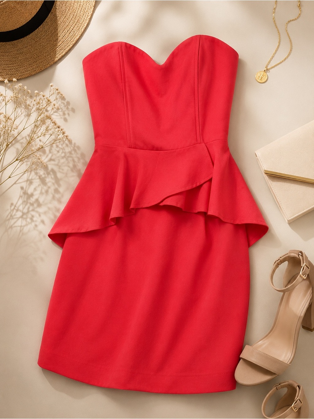 Forever 21 Strapless Peplum Mini Dress Coral Sweetheart XS Lined